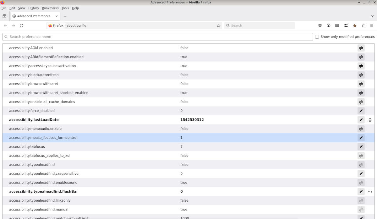 Mozilla Firefox - Screenshot of the about:config page